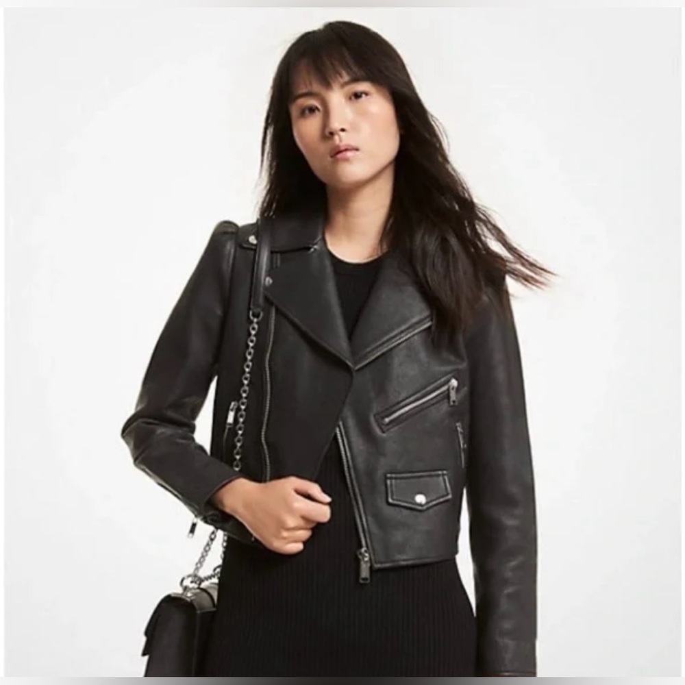 Michael Kors Pebbled Leather Puff-Sleeve Moto Jacket - XS
